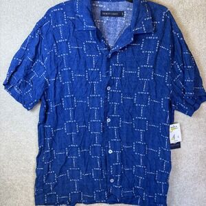 Trinity Coast Button Down Shirt Mens Large Blue Geometric Rayon Short Sleeve
